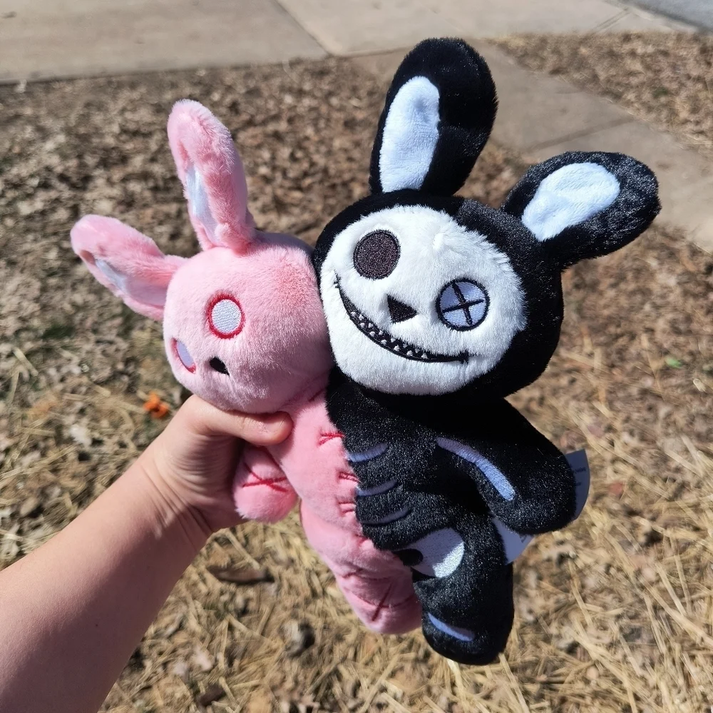 Spooky Unique Cute Pink and Black Plush Bunny Toy with Red and Blue accents